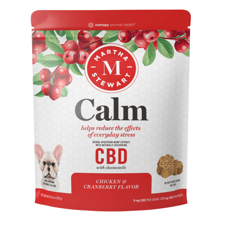 - Tailored CBD for your dog with the gourmet flavors of fresh chicken and real cranberries in a unique soft baked chew designed by Martha herself. A perfect recipe combining only the highest-quality CBD from broad-spectrum hemp extract and chamomile to help dogs cope with everyday stress. All of our ingredients are naturally derived and responsibly sourced with no artificial flavors, colors, or preservatives. Small/Medium Dogs (1-35 lbs) - 9 mg of CBD per soft chew, 270 mg of CBD per pouch Large Dogs (36-110 lbs) - 26 mg of CBD per soft chew, 780 mg of CBD per pouch - CBD Modern