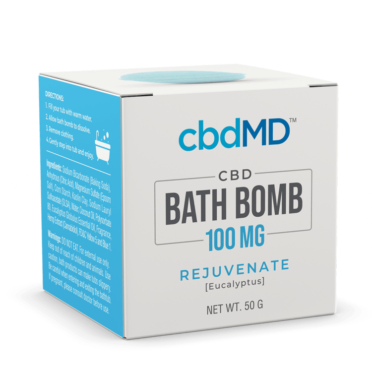 - Made with premium CBD and essential oils, cbdMD’s Signature Collection of CBD bath bombs revitalizes and relaxes. Each bath bomb contains 100 mg of premium CBD with no artificial dyes or preservatives. Coloring is non-staining and absorption-safe, allowing you to enjoy the CBD experience any time of the day or night. Rejuvenate is made in a blend of organic Eucalyptus and Broad Spectrum CBD to help the body recover. 100 mg of Broad Spectrum CBD. No THC - CBD Modern