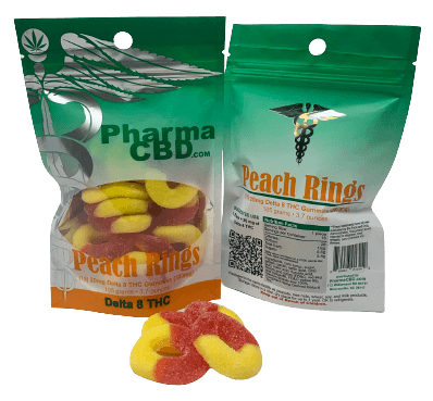- Peach Ring lovers!!  Have we got an exciting product for you!  Our incredible tasting PharmaCBD Delta 8 Peach Rings! Just like taking a bite out of a freshly picked peach, our delicious PharmaCBD Delta-8 THC Peach Ring Edibles are sure to give you the tasty treat you are looking for. Packed with 20 milligrams of powerful Delta-8 THC, these peach rings are a convenient and fun way to get the Delta-8 THC you need to meet your wellness goals. <ul> <li>Derived only from hemp grown in the United States;</li> <li>Completely legal on a federal level across the U.S.;</li> <li>Created from hemp oil that was extracted using scientifically advanced methods; and</li> <li>Tested by an independent third-party laboratory.</li> </ul> - CBD Modern