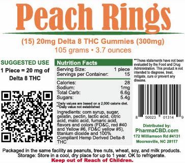- Peach Ring lovers!!  Have we got an exciting product for you!  Our incredible tasting PharmaCBD Delta 8 Peach Rings! Just like taking a bite out of a freshly picked peach, our delicious PharmaCBD Delta-8 THC Peach Ring Edibles are sure to give you the tasty treat you are looking for. Packed with 20 milligrams of powerful Delta-8 THC, these peach rings are a convenient and fun way to get the Delta-8 THC you need to meet your wellness goals. <ul> <li>Derived only from hemp grown in the United States;</li> <li>Completely legal on a federal level across the U.S.;</li> <li>Created from hemp oil that was extracted using scientifically advanced methods; and</li> <li>Tested by an independent third-party laboratory.</li> </ul> - CBD Modern