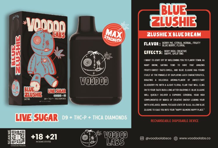 - VooDoo Labs: ZLUSHIE x Blue Dream FLAVOR: Berry Pie, Citrus, Herbal, Fruity, Blue Berry, Floral EFFECTS: Body High, Creative, Happy, Uplifting I want to start off by welcoming you to flavor town. as many know, sativas tend to have that amazing fruity, sweet taste/smell, and BLUE ZLUSHIE has found itself at the pinnacle of displaying such characteristics, boasting a delicious aroma/flavor of sweet/tart Blueberry Pie with a slight floral flair that will cling on to your taste buds long after enjoying it. BLUE ZLUSHIE will quickly deliver a euphoric cerebral head high a complimented by waves of creative energy leaving you with a relaxed, warm, focused state of bliss. allow BLUE ZLUSHIE to ease you into your "HAPPY GILMORE” happy place.   - CBD Modern